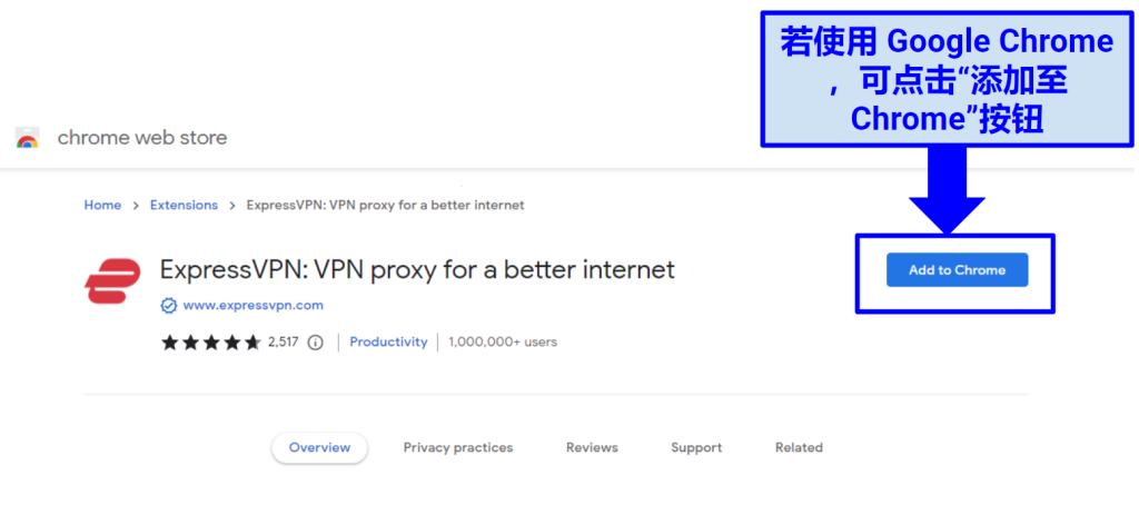 A screenshot of ExpressVPN's Chrome extension in the Chrome Web Store