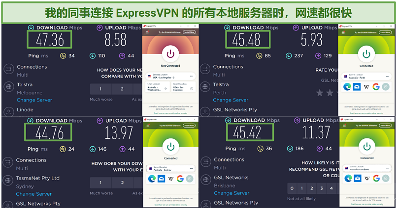 Screenshot of regular internet speed test result and 3 ExpressVPN local server speed test results