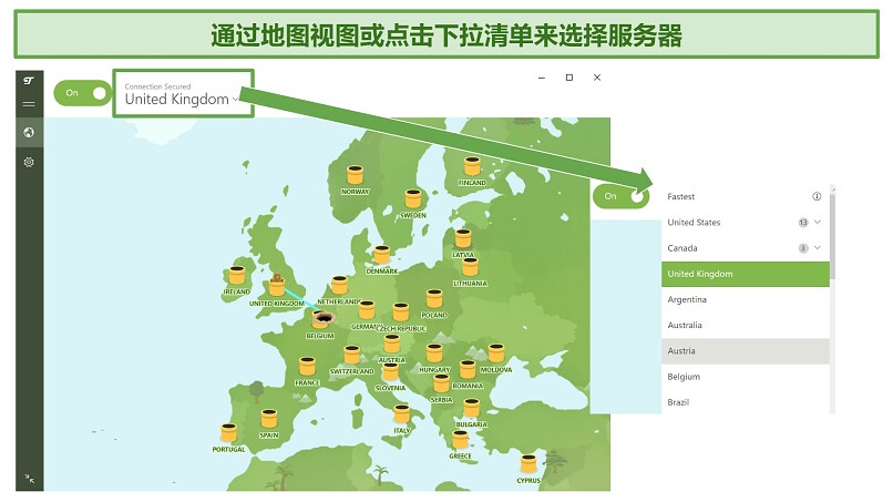 Screenshot showing TunnelBear Free VPN user interface and how to select server locations