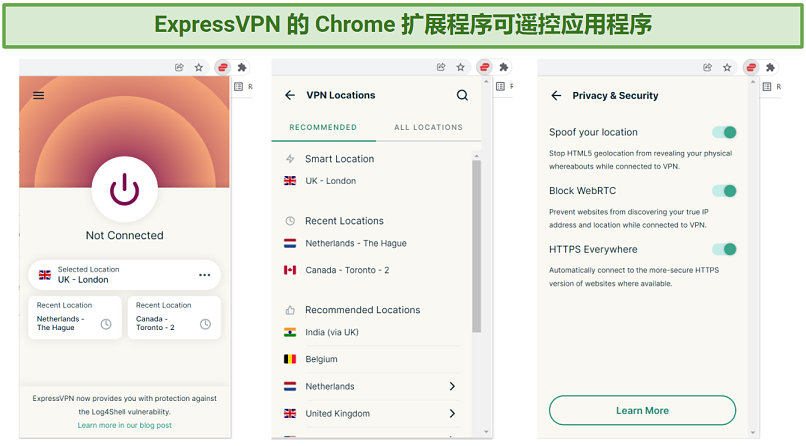 Screenshot showing the interface and features of the ExpressVPN Chrome extension