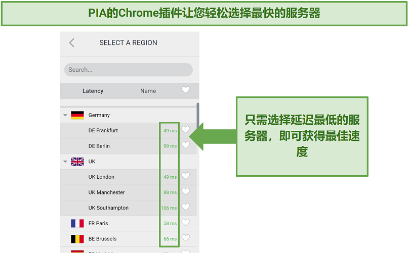 Screenshot of PIA's Chrome extension server list highlighting the organization by latency