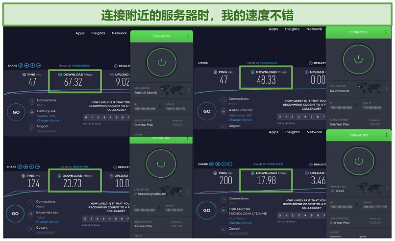 Screenshots of speed test done with Ookla while connected to Private Internet Access' servers in Seattle, Vancouver, JP (streaming), and Brazil