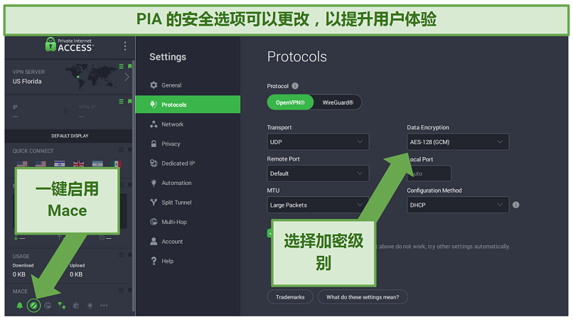 PIA's customizable security options, including MACE, encryption levels, and protocols