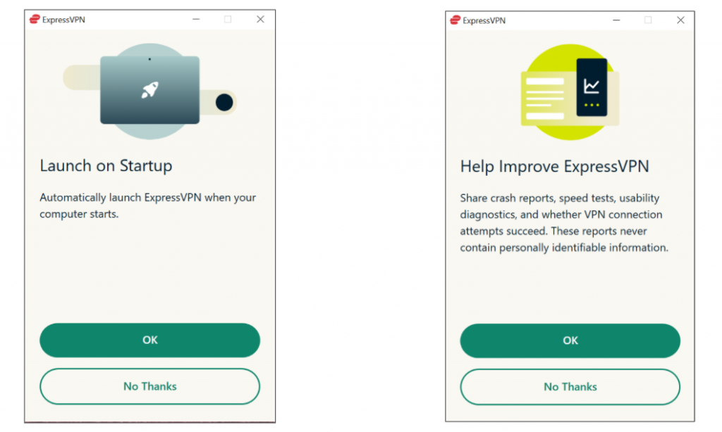 Screenshot showing how ExpressVPN asks you to launch on startup and share crash reports.