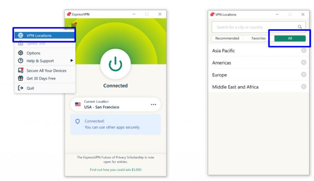 Screenshot showing how to find All VPN Locations on ExpressVPN app.