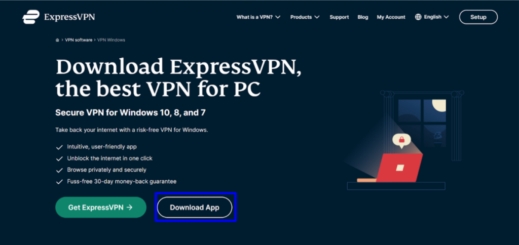 Screenshot showing the ExpressVPN website and where to download the ExpressVPN app for Windows