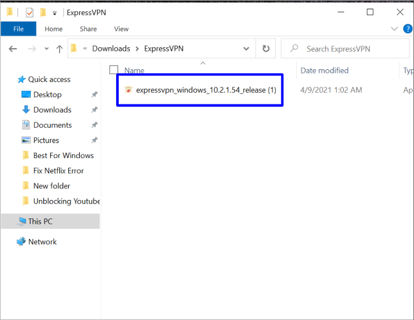 Screenshot showing where to find the ExpressVPN setup client on Windows