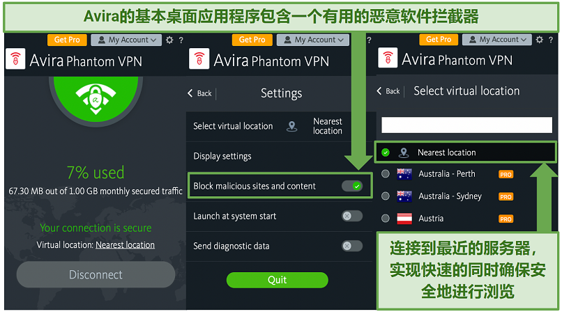 Screenshot of the Avira Phantom home screen, Settings menu, and server list