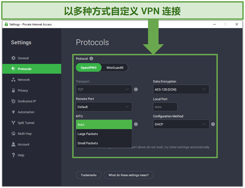 Screenshot of the PIA app showing various connection customization options like Protocol, Data Encryption level, and MTU