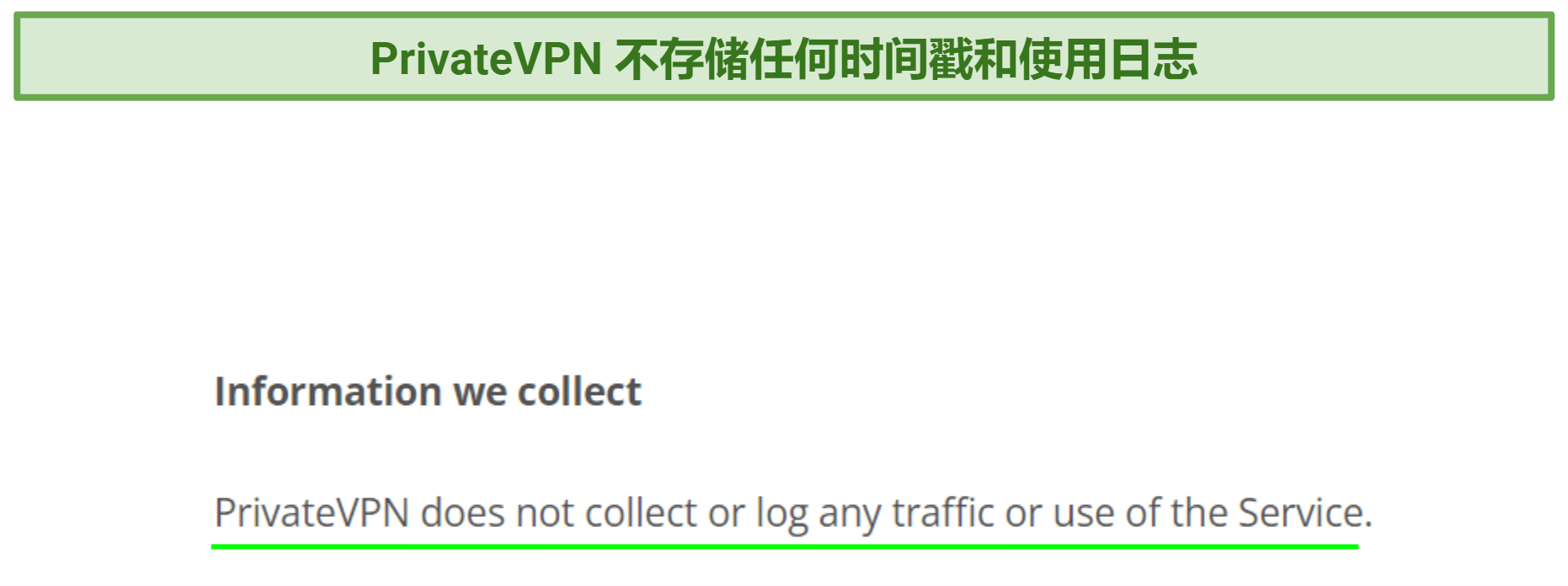 Screenshot of PrivateVPN's privacy policy highlighting the information it collects