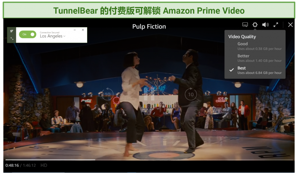 Streaming Pulp Fiction on Amazon Prime Video while connected to TunnelBear's LA server