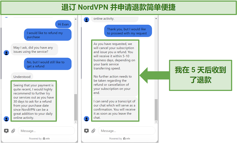 Screenshot of requesting a refund using NordVPN's live chat