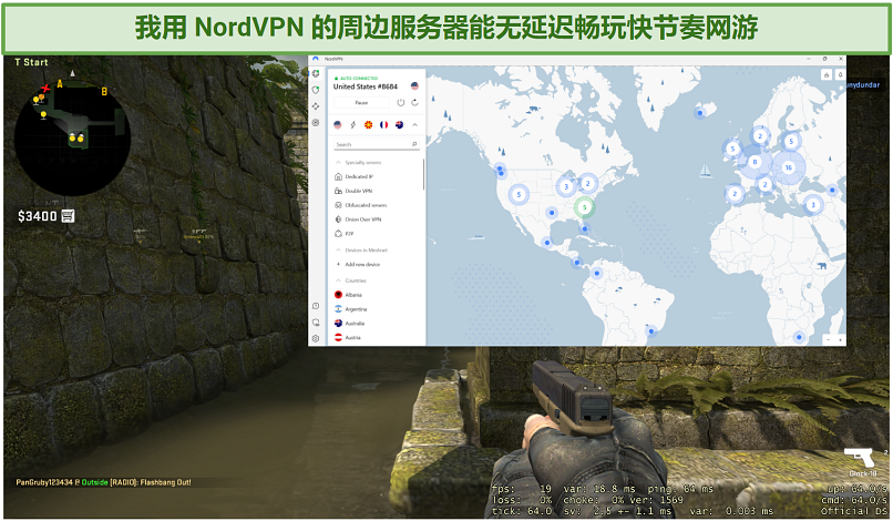 A screenshot showing me playing CS: GO using one of NordVPN's US server