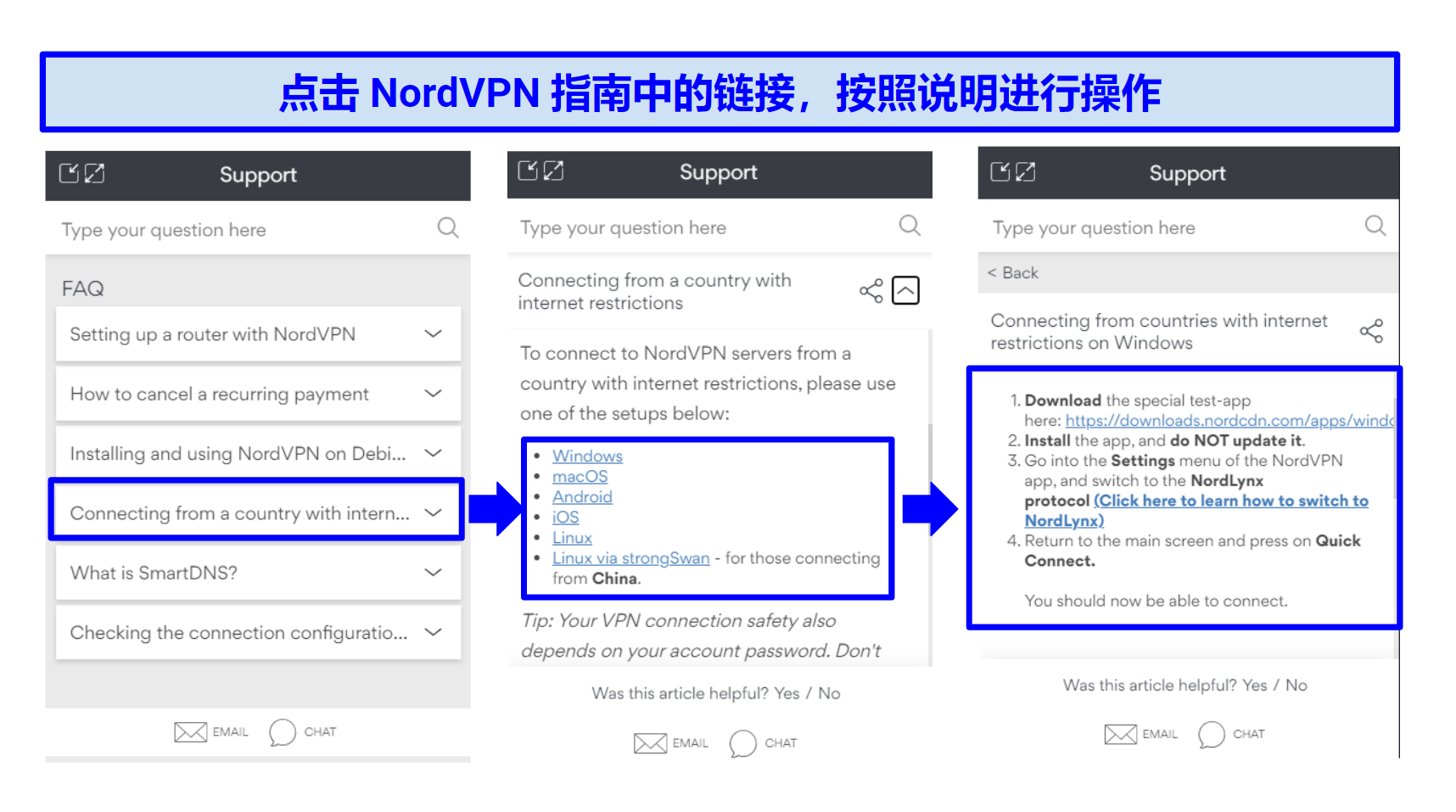A screenshot of NordVPN's help chat which explains how to use NordVPN in China