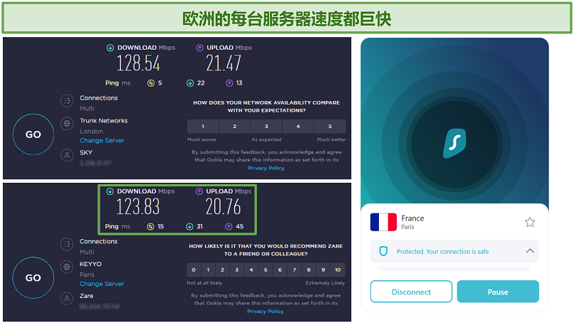 Screenshot of Ookla speed tests done with no VPN connected and connected to Surfshark's Paris server