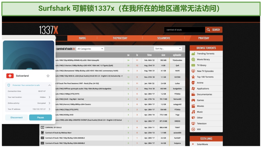 Screenshot showing the Surfshark app connected to a server in Switzerland over a browser showing listings on 1337