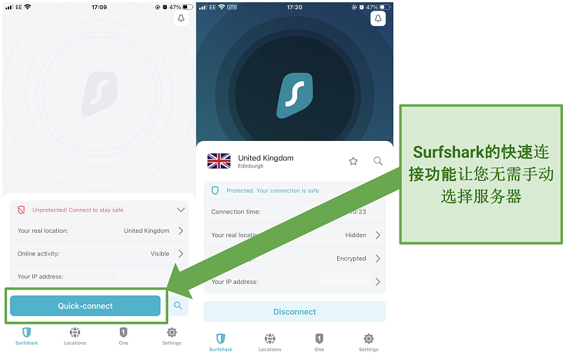 Screenshot of Surfshark's iOS app highlighting the Quick-connect feature