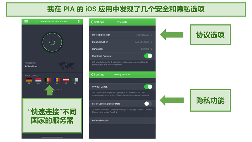 Screenshot of PIA's iOS app
