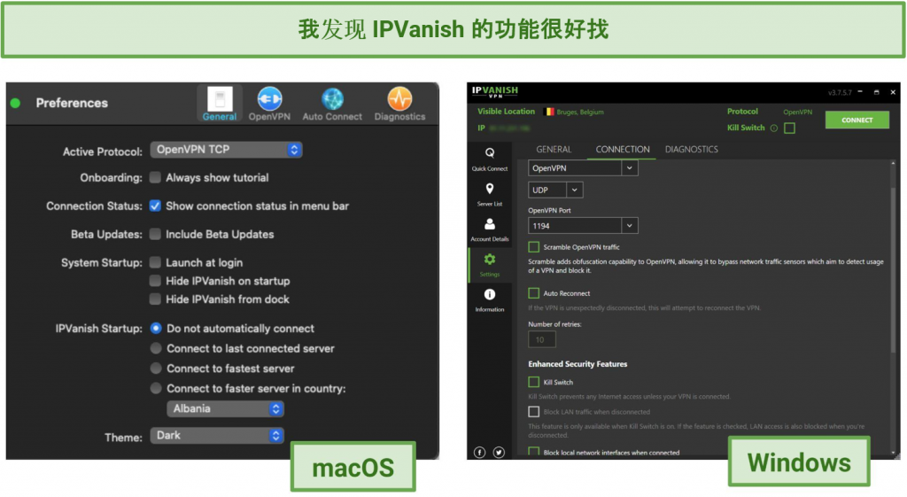 Screenshots showing IPVanish's settings menu on its macOS and Windows app