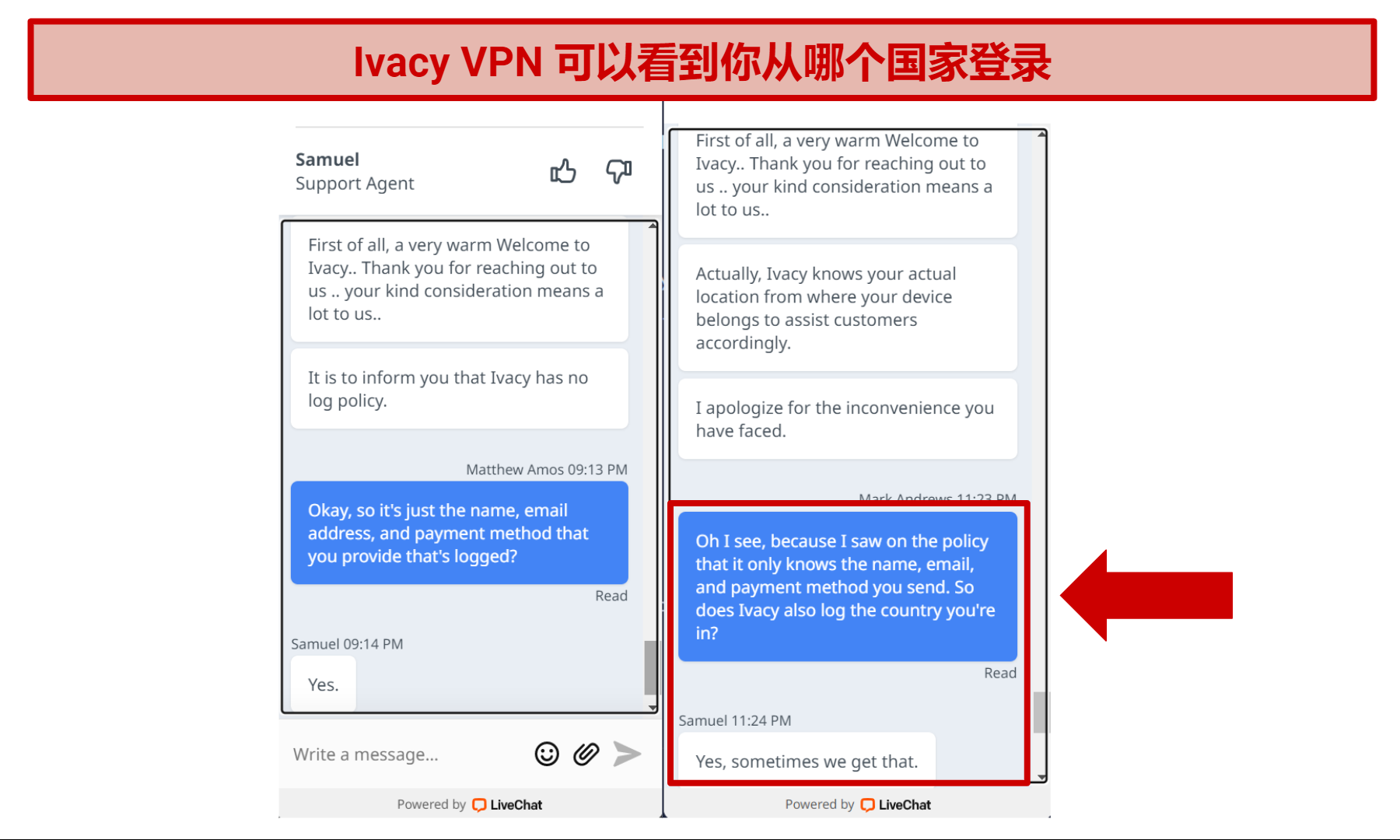 Screenshot of Ivacy VPN live chat where staff confirmed it logs your country