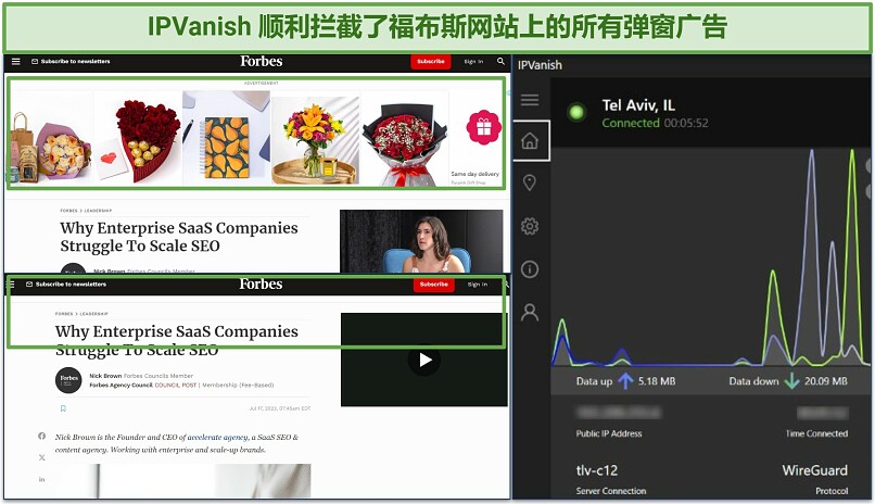 A screenshot showing IPVanish's Threat Protection blocking all banner ads on the Forbes website