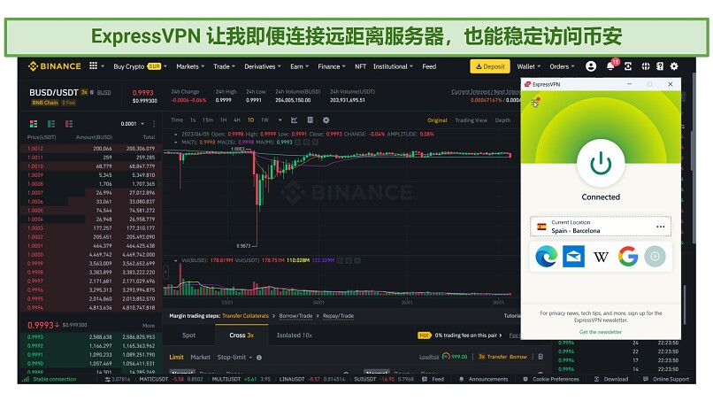 A screenshot showing ExpressVPN's Mexico server successfully unblocking Binance.com in the US