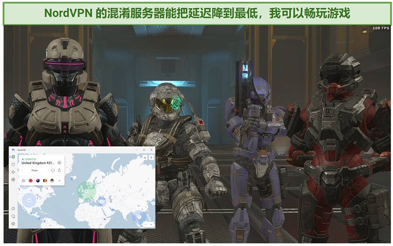 Screenshot of Halo gameplay with NordVPN's obfuscated servers connected