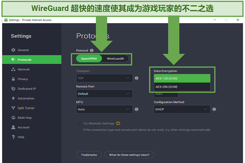 Screenshot of PIA's customizable security settings