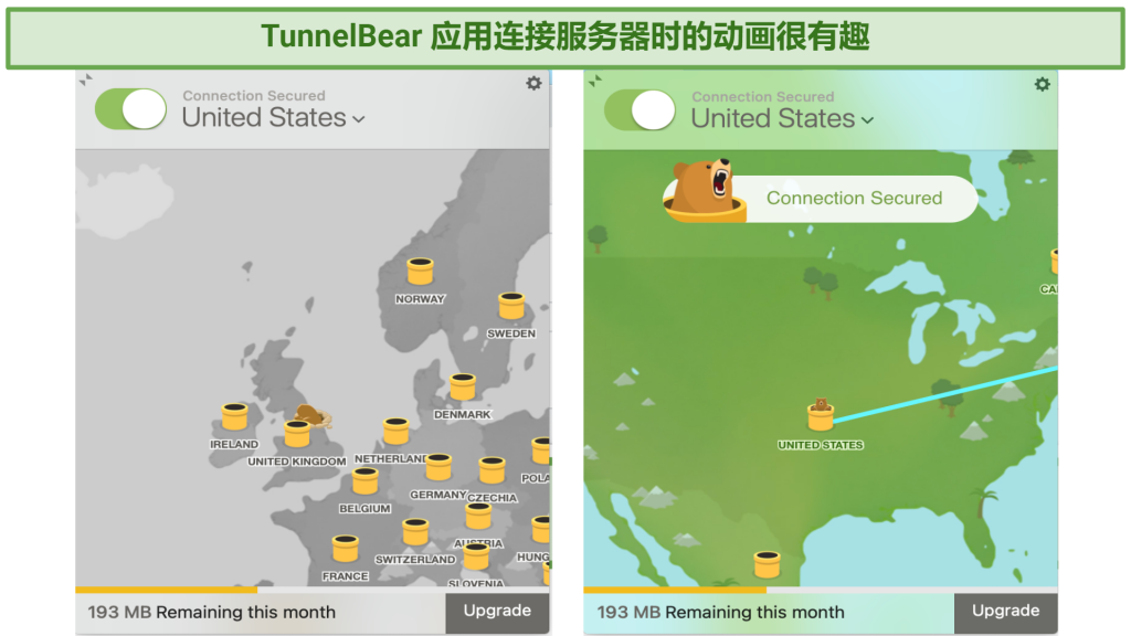 Screenshot showing the TunnelBear app and the animated bear tunneling to a location in the US