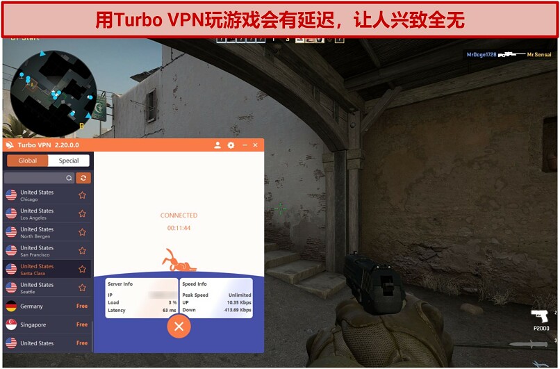 Screenshot of Steam running Counter Strike: Global Offensive while connected to Turbo VPN