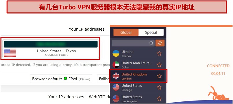 Screenshot of a leak test done on ipleak.net while connected to Turbo VPN's London server