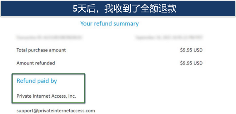 Screenshot showing the money-back guarantee refund issued by PIA