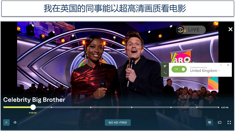 A screenshot of ITV streaming Celebrity Big Brother while connected to TunnelBear's UK server