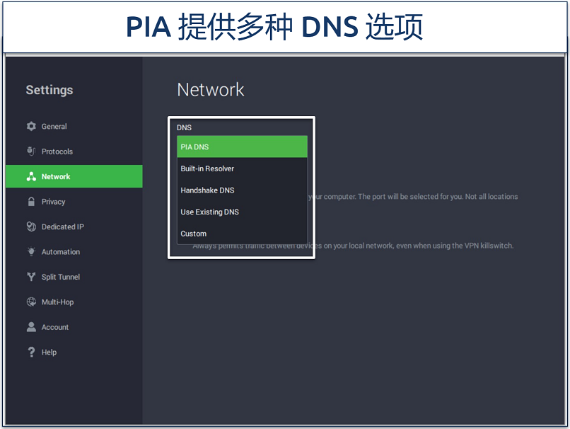 Screenshot of the PIA app showing the available options for handling DNS requests