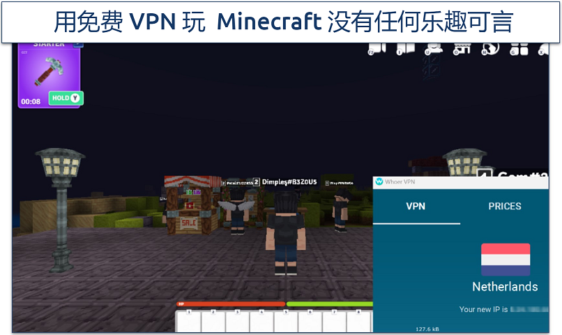 Screenshot of Minecraft being played while connected to Whoer free server in the Netherlands