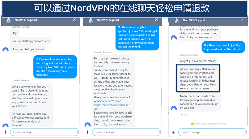 Image showing a live chat correspondence requesting and being approved for a NordVPN refund