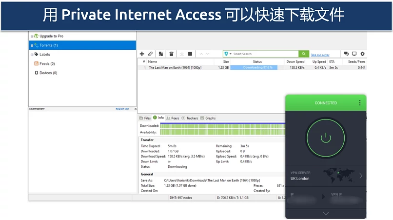 Screenshot of PIA torrenting on London server