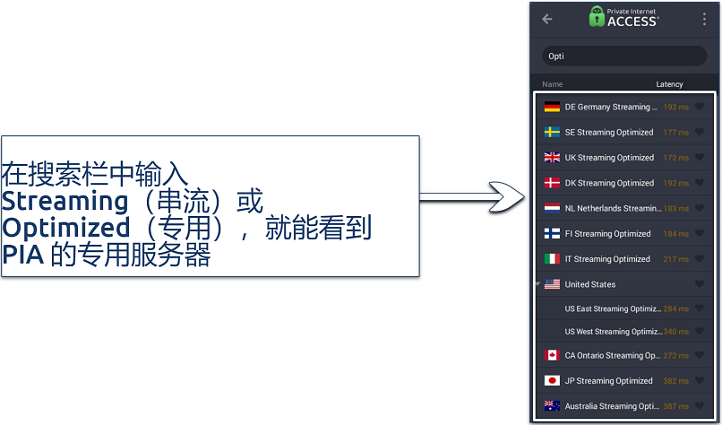 A screenshot showing Private Internet Access has servers optimized for streaming
