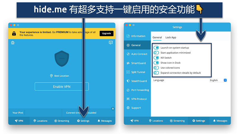 Screenshot of the hide.me app with its one-click security features