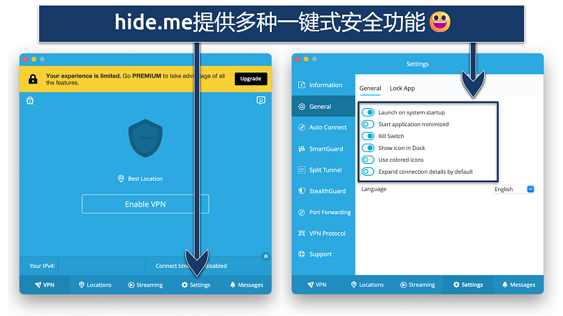 Screenshot showing the hide.me app and Settings panel