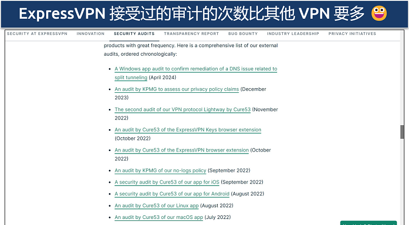 Screenshot of ExpressVPN's website showing its independent audits list
