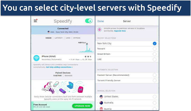 Screenshot of Speedify's server network