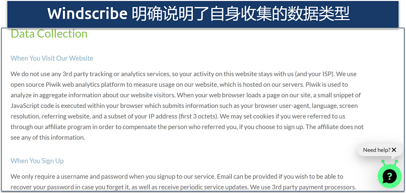 Screenshot of Windscribe's privacy policy showing the data it collects