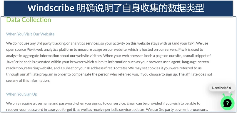 Screenshot of Windscribe's privacy policy showing the data it collects