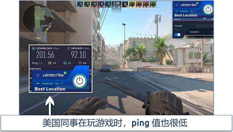 Screenshot of Steam running Counter Strike 2 while connected to Windscribe's Best Location server in Dallas 