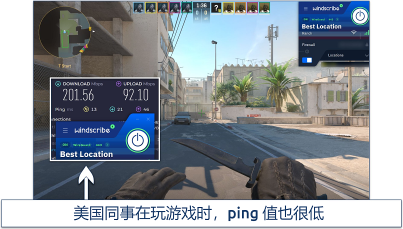 Screenshot of Steam running Counter Strike 2 while connected to Windscribe's Best Location server in Dallas