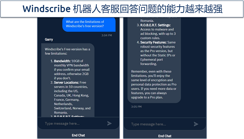 Screenshot of a live chat with Windscribe's bot Garry where I asked for the limitations of its free app
