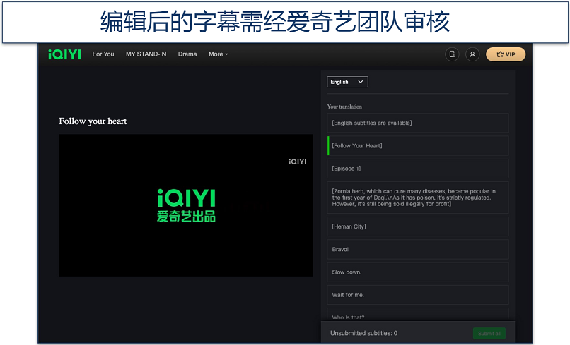 Screenshot of the subtitles edit form on the iQIYI platform