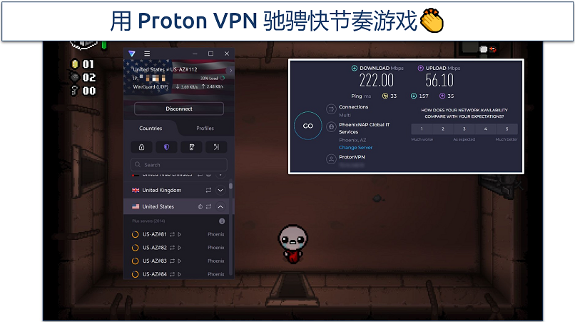 A screenshot showing playing The Binding of Isaac while connected to Proton VPN's fastest server