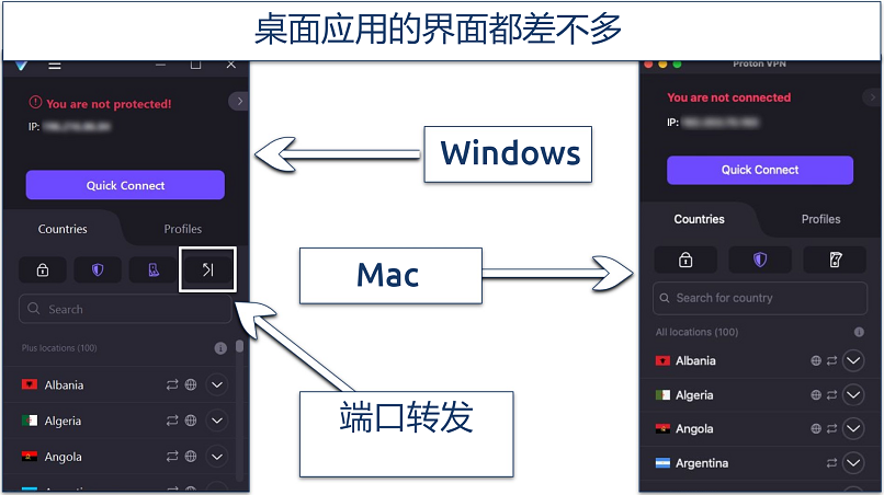 A screenshot showing Proton VPN's interface is almost the same across Mac and Windows apps